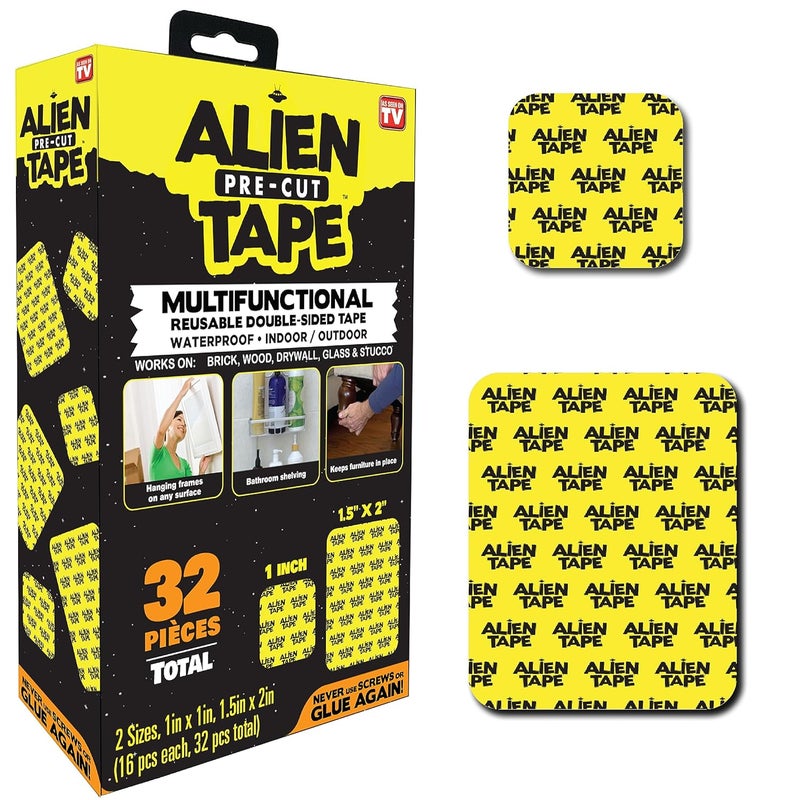 ALIEN TAPE Pre Cut 32 Piece Ser Double Sided Tape Multipurpose Removable Adhesive Transparent Grip Mounting Strips Washable Strong Sticky Heavy Duty for Carpet Photo Frame Poster Décor As Seen On TV - Image 1